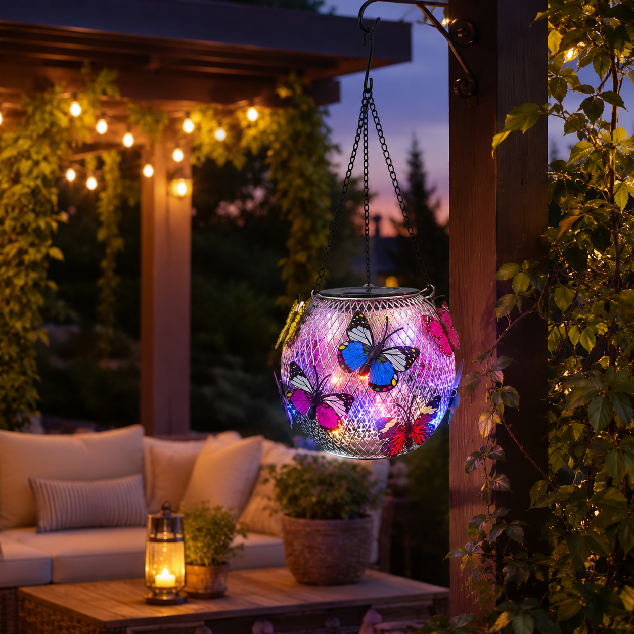 Solar Butterfly Hanging Lantern Outdoor Garden Light, Decorative Solar Powered Metal Mesh Butterfly Lantern with Colorful LED Lights for Patio, Yard, Tree, Garden, Porch Decor