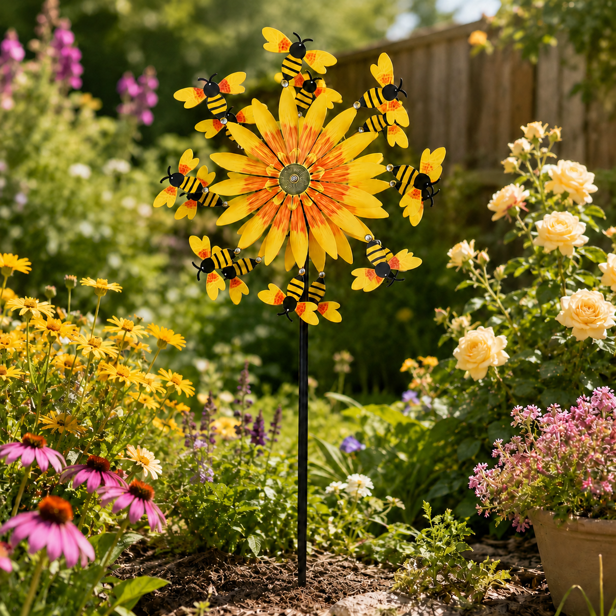 Bee & Sunflower Garden Spinner Stake, Decorative Outdoor Garden Stake for Patio, Lawn, Backyard, Flower Bed and Garden Decor