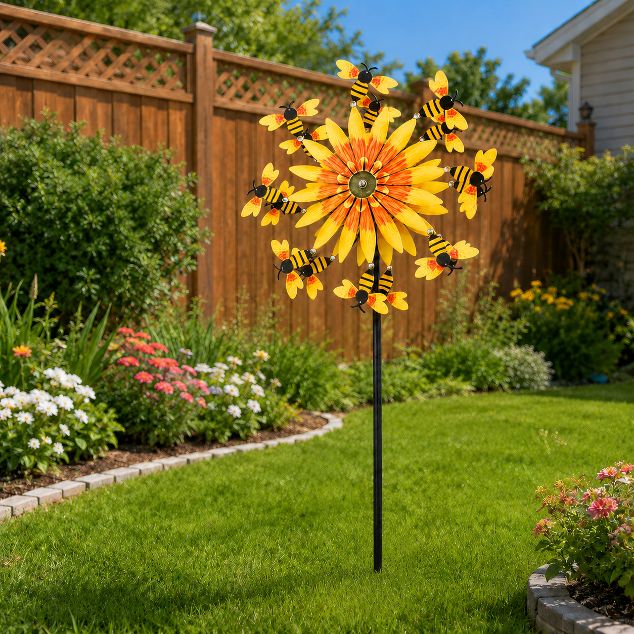 Bee & Sunflower Garden Spinner Stake, Decorative Outdoor Garden Stake for Patio, Lawn, Backyard, Flower Bed and Garden Decor
