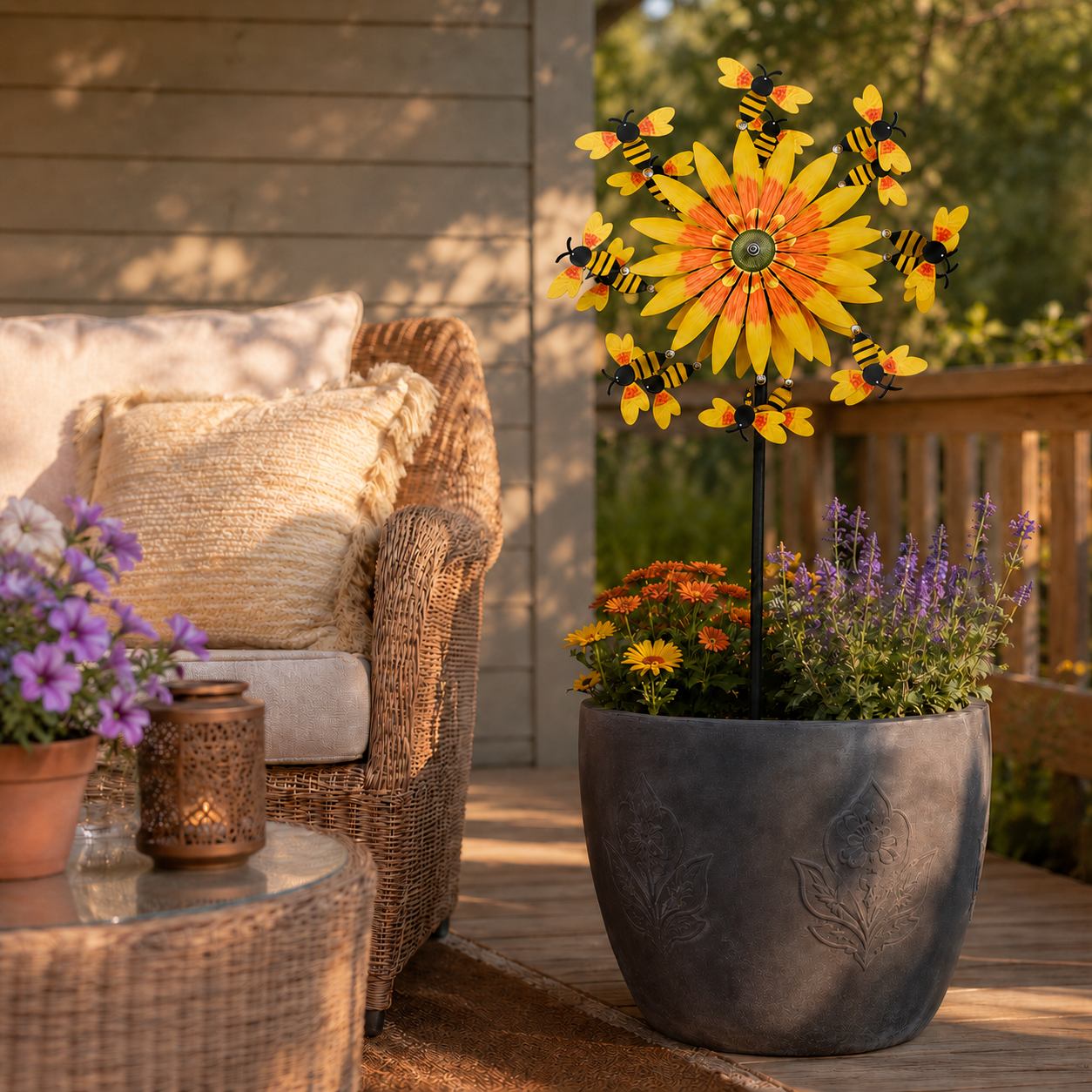 Bee & Sunflower Garden Spinner Stake, Decorative Outdoor Garden Stake for Patio, Lawn, Backyard, Flower Bed and Garden Decor