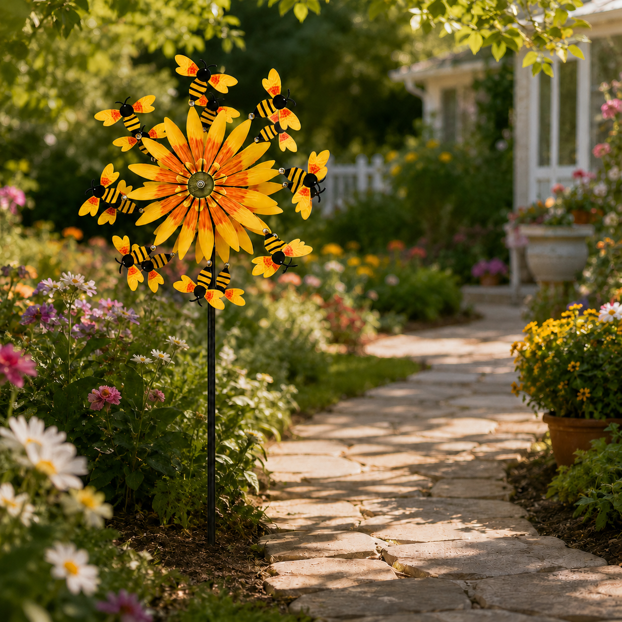 Bee & Sunflower Garden Spinner Stake, Decorative Outdoor Garden Stake for Patio, Lawn, Backyard, Flower Bed and Garden Decor