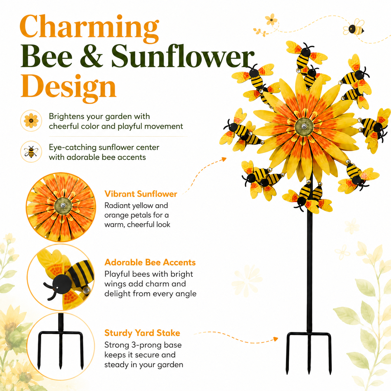Bee & Sunflower Garden Spinner Stake, Decorative Outdoor Garden Stake for Patio, Lawn, Backyard, Flower Bed and Garden Decor