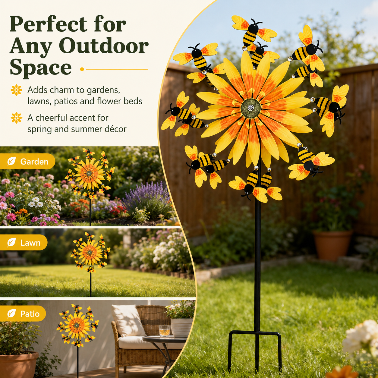 Bee & Sunflower Garden Spinner Stake, Decorative Outdoor Garden Stake for Patio, Lawn, Backyard, Flower Bed and Garden Decor