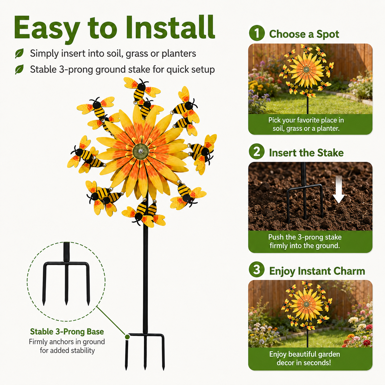 Bee & Sunflower Garden Spinner Stake, Decorative Outdoor Garden Stake for Patio, Lawn, Backyard, Flower Bed and Garden Decor
