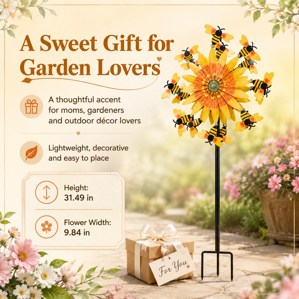 Bee & Sunflower Garden Spinner Stake, Decorative Outdoor Garden Stake for Patio, Lawn, Backyard, Flower Bed and Garden Decor
