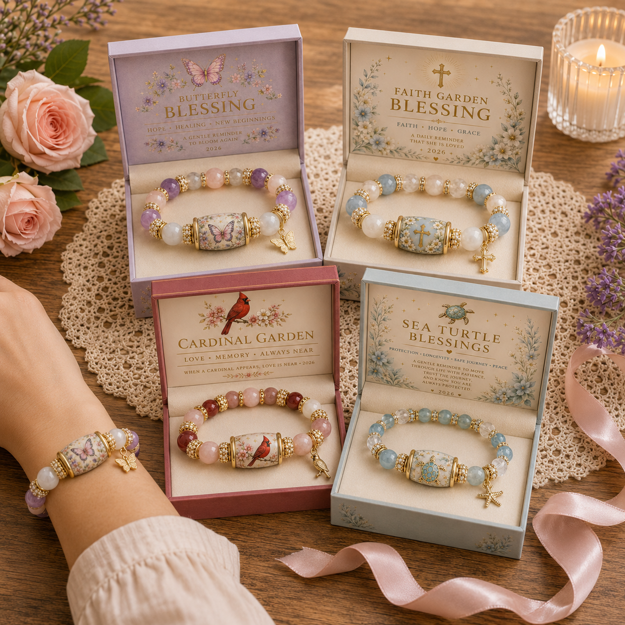 Inspirational Blessing Beaded Bracelet Gift Set for Women, Meaningful Charm Bracelet with Gift Box, Butterfly Faith Cardinal Sea Turtle Theme Jewelry Gift for Mom Daughter Sister Friend