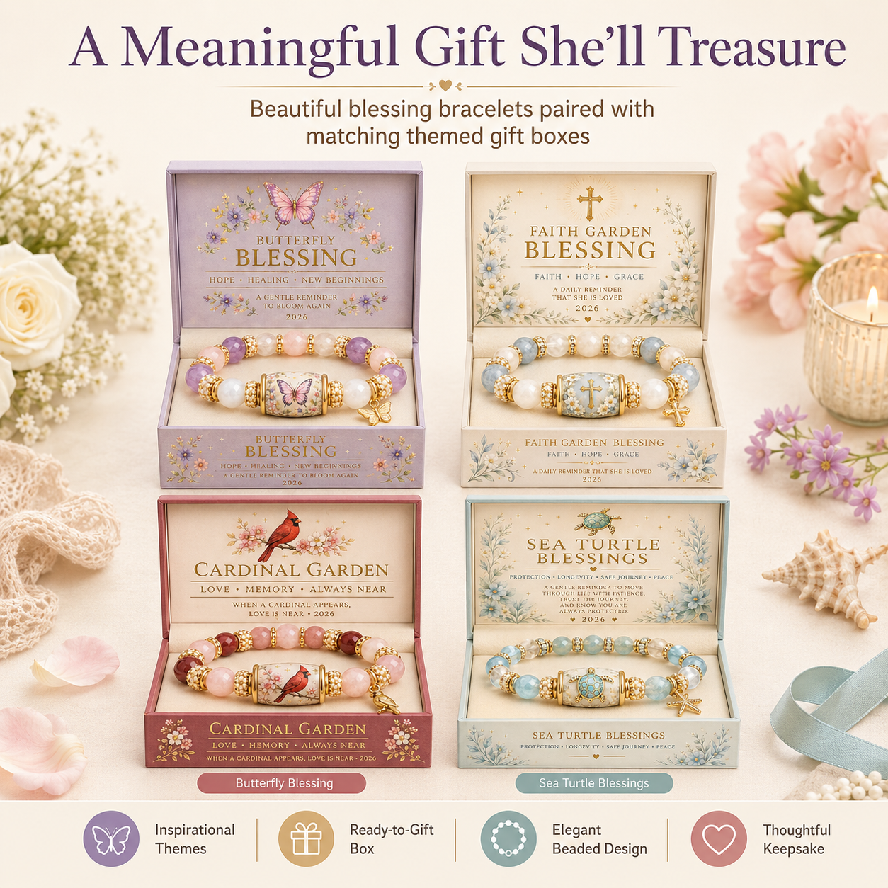 Inspirational Blessing Beaded Bracelet Gift Set for Women, Meaningful Charm Bracelet with Gift Box, Butterfly Faith Cardinal Sea Turtle Theme Jewelry Gift for Mom Daughter Sister Friend