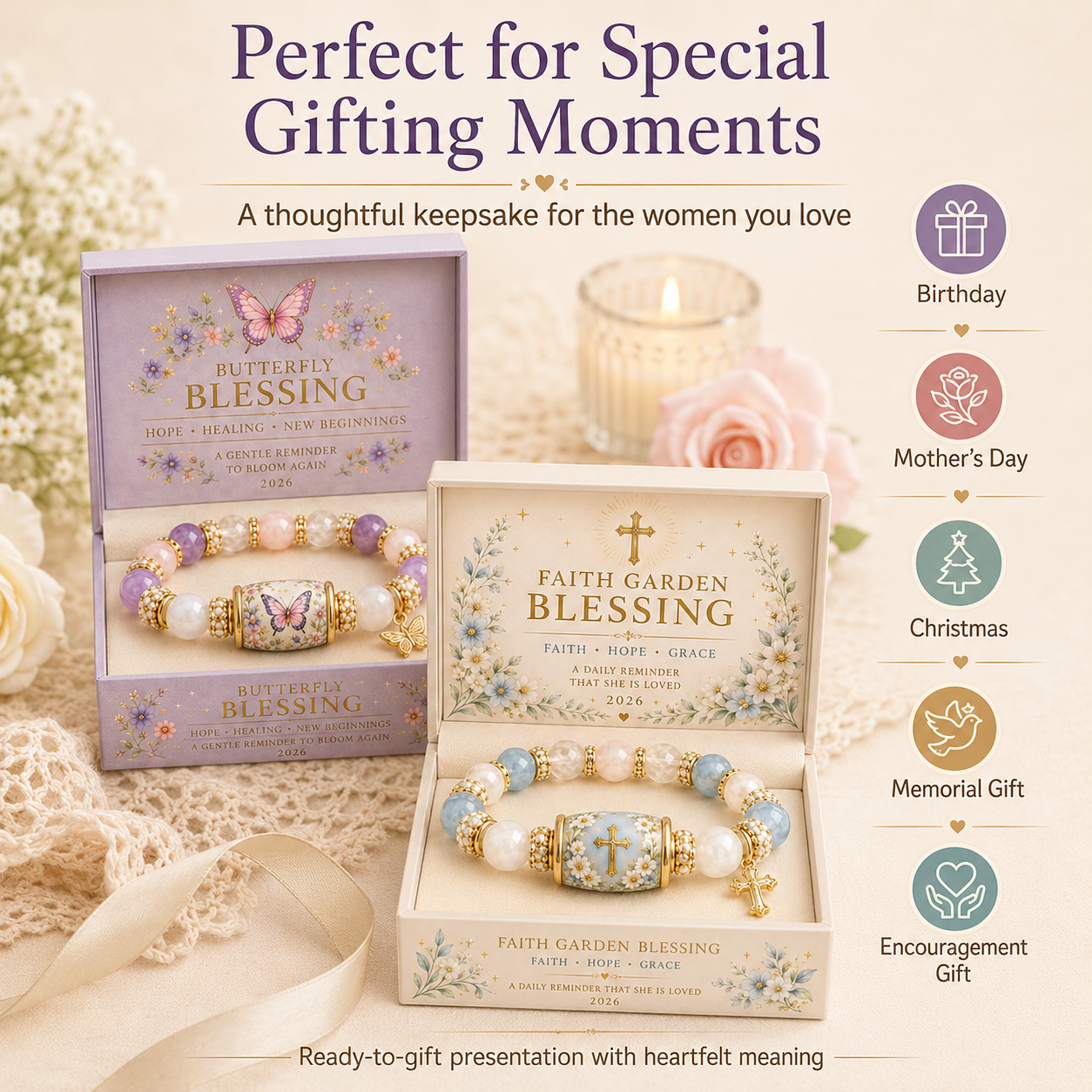 Inspirational Blessing Beaded Bracelet Gift Set for Women, Meaningful Charm Bracelet with Gift Box, Butterfly Faith Cardinal Sea Turtle Theme Jewelry Gift for Mom Daughter Sister Friend