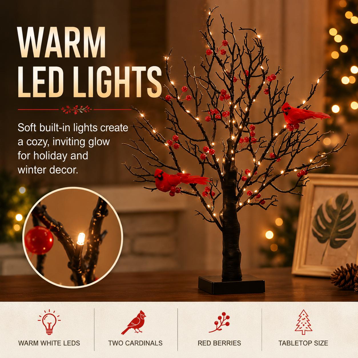 21 Inch Lighted Cardinal Berry Tree Decor, Winter Tabletop Tree for Christmas, Memorial Gifts, Bird Lovers, Mantel, Shelf and Home Decor