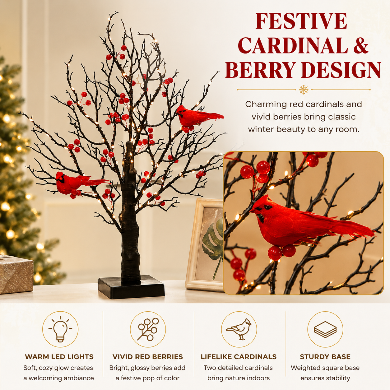 21 Inch Lighted Cardinal Berry Tree Decor, Winter Tabletop Tree for Christmas, Memorial Gifts, Bird Lovers, Mantel, Shelf and Home Decor