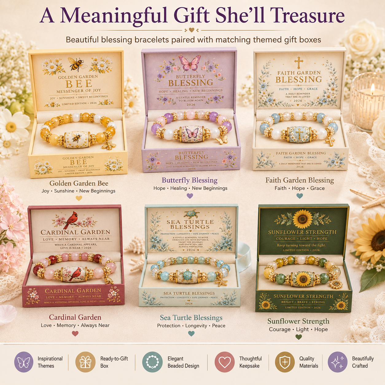 Inspirational Blessing Beaded Bracelet Gift Set for Women, Meaningful Charm Bracelet with Gift Box, Butterfly Faith Cardinal Sea Turtle Theme Jewelry Gift for Mom Daughter Sister Friend