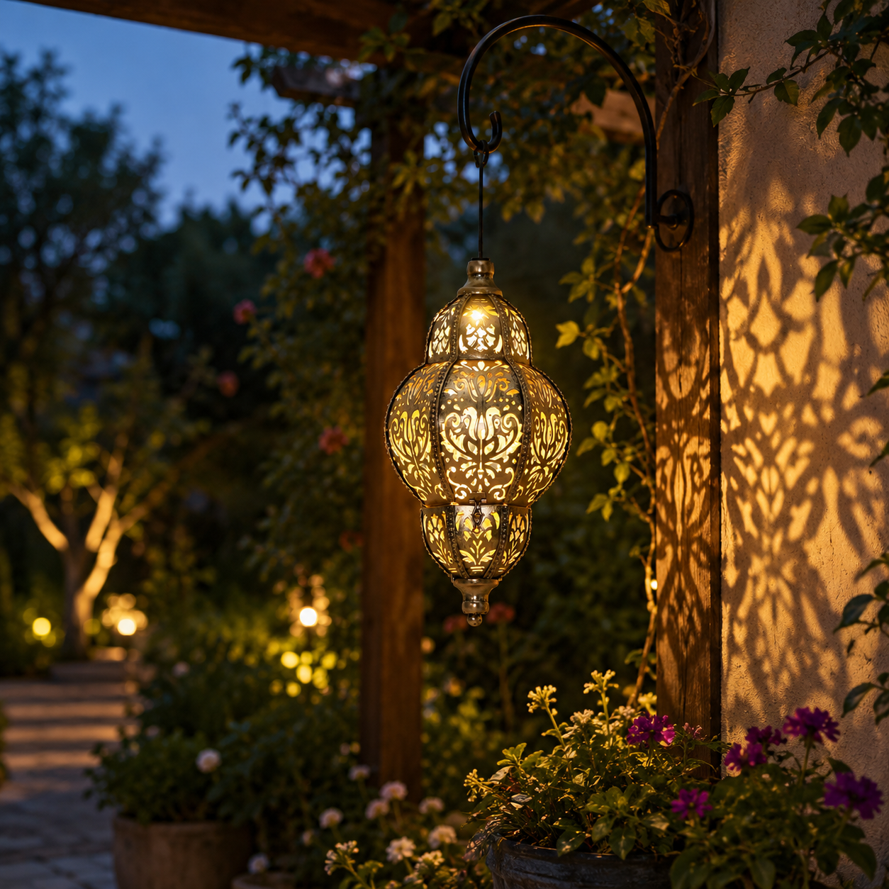 Solar Hanging Lantern Outdoor Moroccan Style Metal Lantern with Warm Light for Garden, Patio, Porch, Yard and Balcony Decor