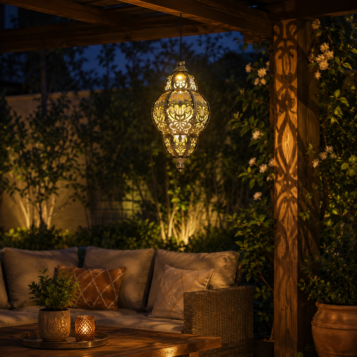 Solar Hanging Lantern Outdoor Moroccan Style Metal Lantern with Warm Light for Garden, Patio, Porch, Yard and Balcony Decor