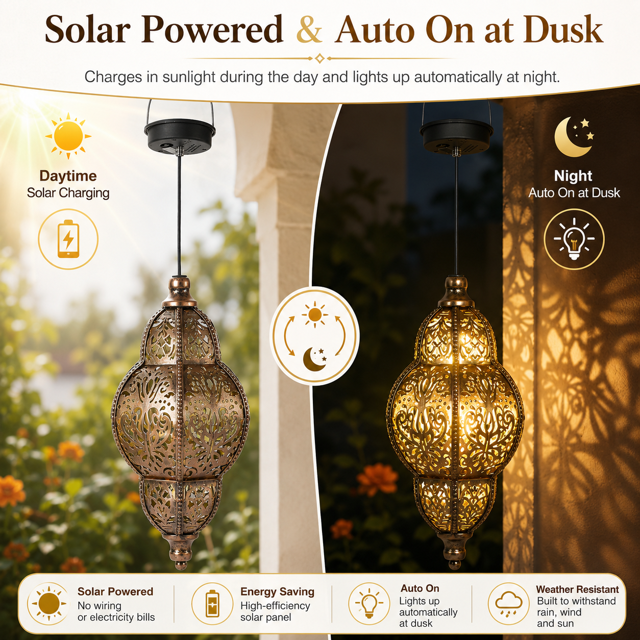 Solar Hanging Lantern Outdoor Moroccan Style Metal Lantern with Warm Light for Garden, Patio, Porch, Yard and Balcony Decor