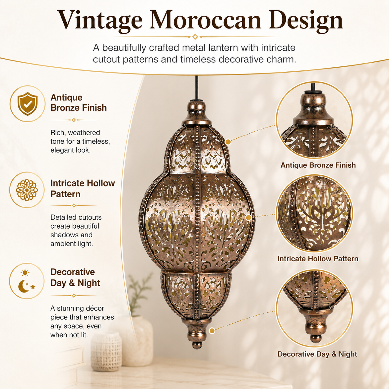 Solar Hanging Lantern Outdoor Moroccan Style Metal Lantern with Warm Light for Garden, Patio, Porch, Yard and Balcony Decor