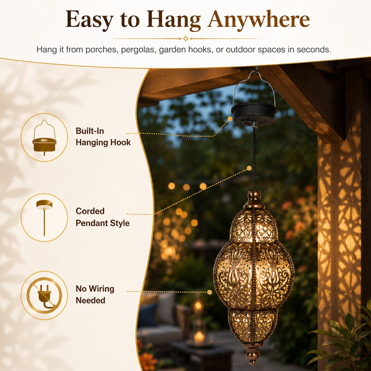 Solar Hanging Lantern Outdoor Moroccan Style Metal Lantern with Warm Light for Garden, Patio, Porch, Yard and Balcony Decor