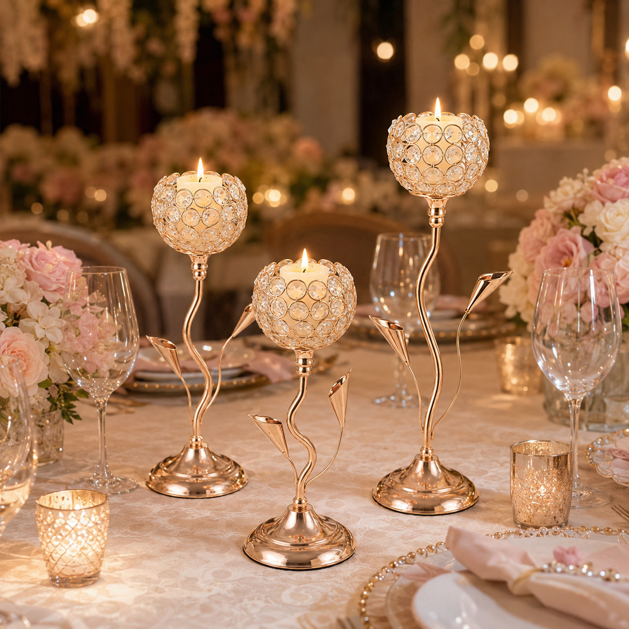 Gold Crystal Candle Holders, Rose Gold Metal Candle Stands for Tea Lights, Elegant Wedding Table Centerpieces for Dining Room, Party, Home Decor