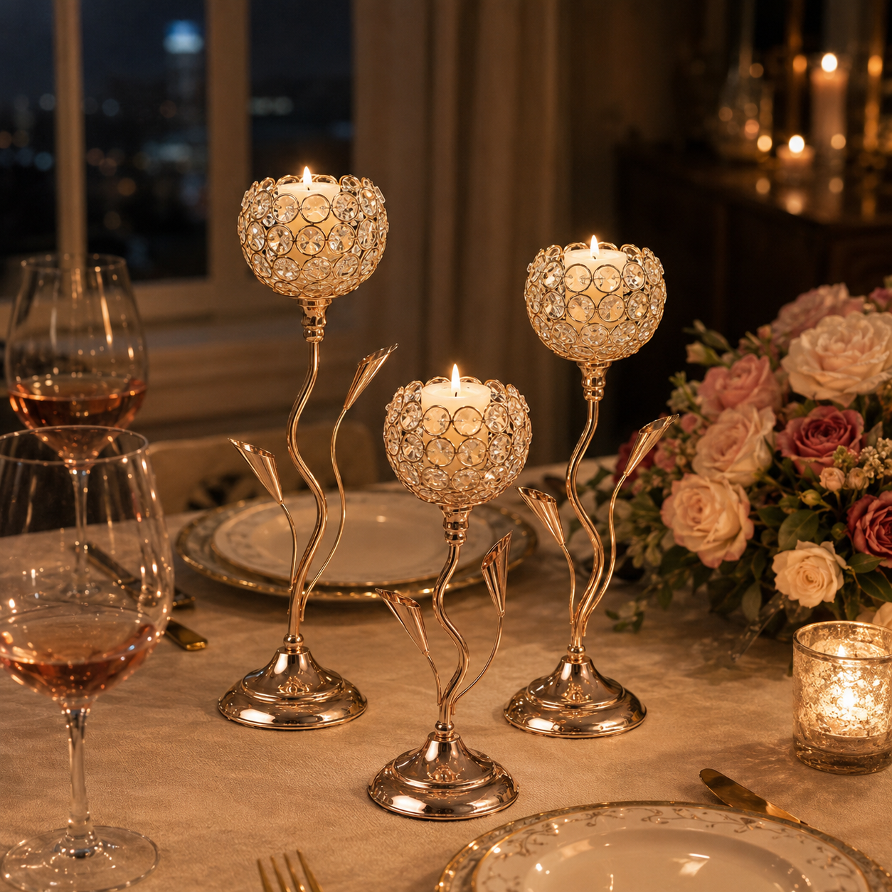 Gold Crystal Candle Holders, Rose Gold Metal Candle Stands for Tea Lights, Elegant Wedding Table Centerpieces for Dining Room, Party, Home Decor