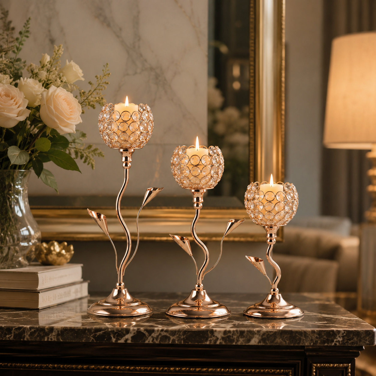 Gold Crystal Candle Holders, Rose Gold Metal Candle Stands for Tea Lights, Elegant Wedding Table Centerpieces for Dining Room, Party, Home Decor