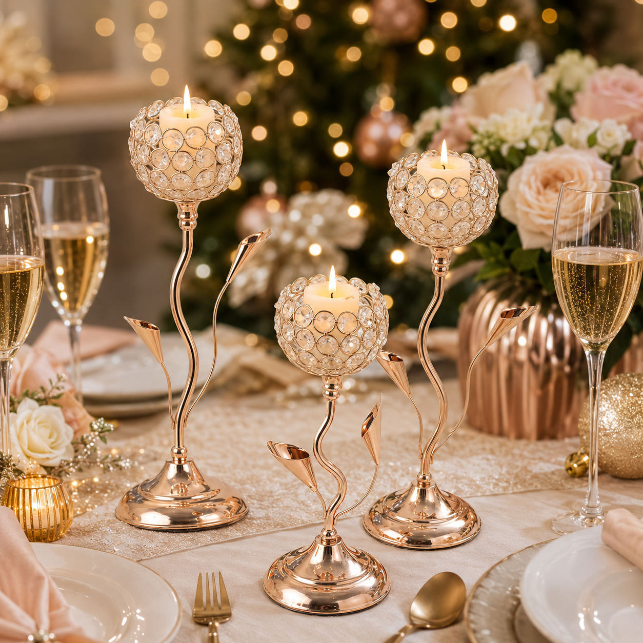 Gold Crystal Candle Holders, Rose Gold Metal Candle Stands for Tea Lights, Elegant Wedding Table Centerpieces for Dining Room, Party, Home Decor