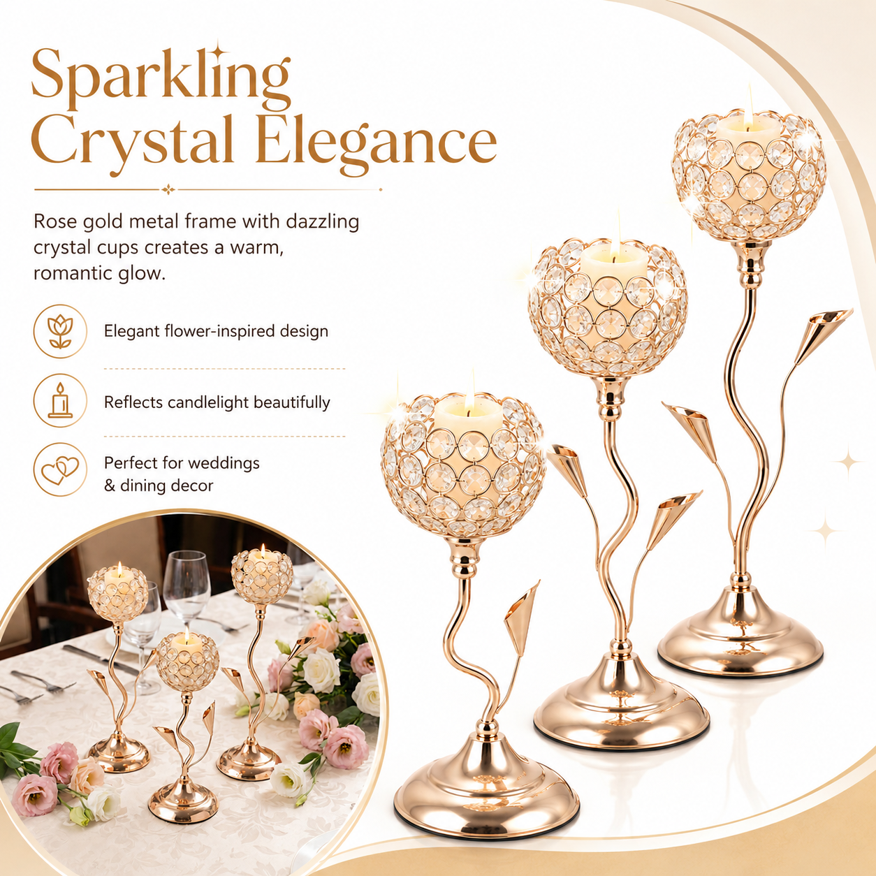 Gold Crystal Candle Holders, Rose Gold Metal Candle Stands for Tea Lights, Elegant Wedding Table Centerpieces for Dining Room, Party, Home Decor