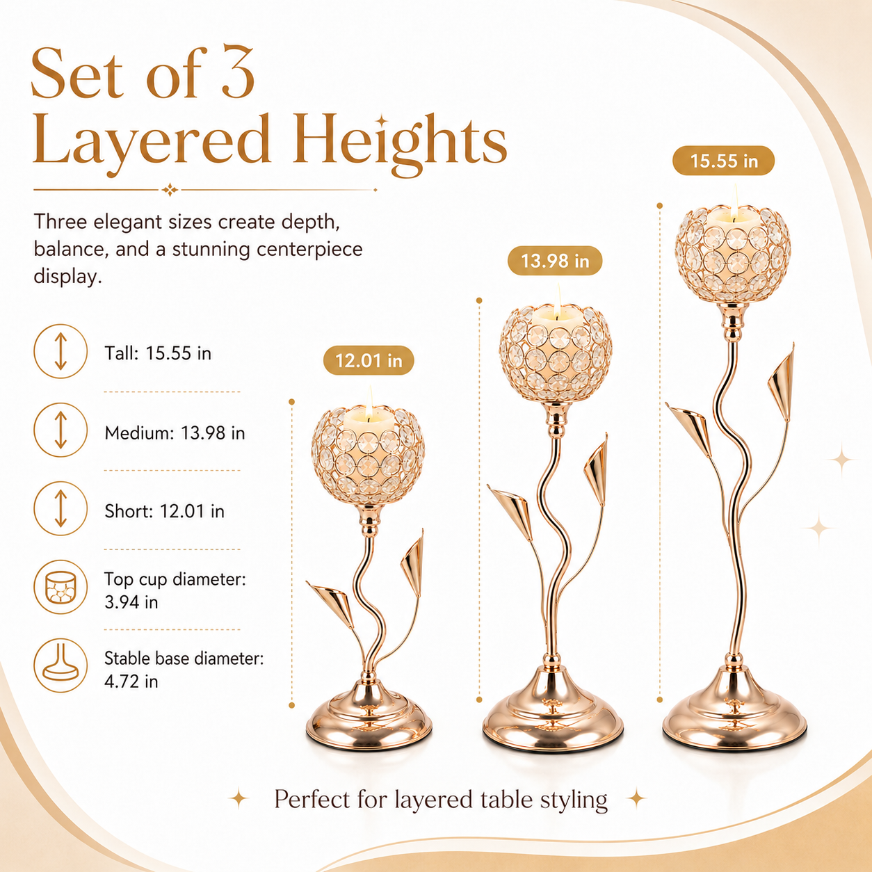 Gold Crystal Candle Holders, Rose Gold Metal Candle Stands for Tea Lights, Elegant Wedding Table Centerpieces for Dining Room, Party, Home Decor