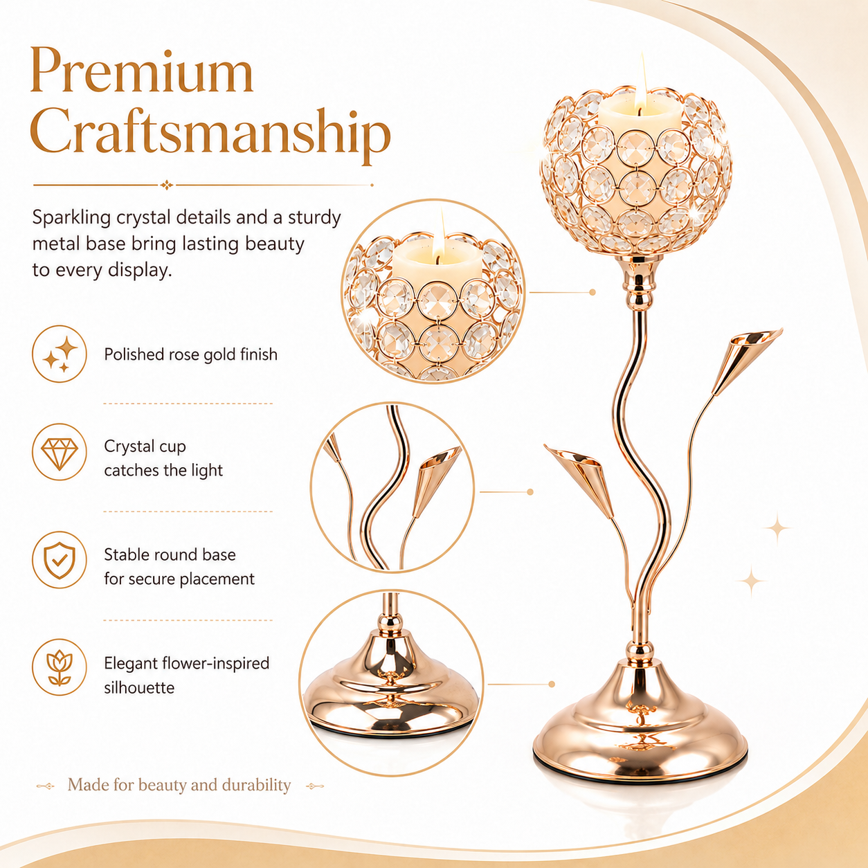 Gold Crystal Candle Holders, Rose Gold Metal Candle Stands for Tea Lights, Elegant Wedding Table Centerpieces for Dining Room, Party, Home Decor