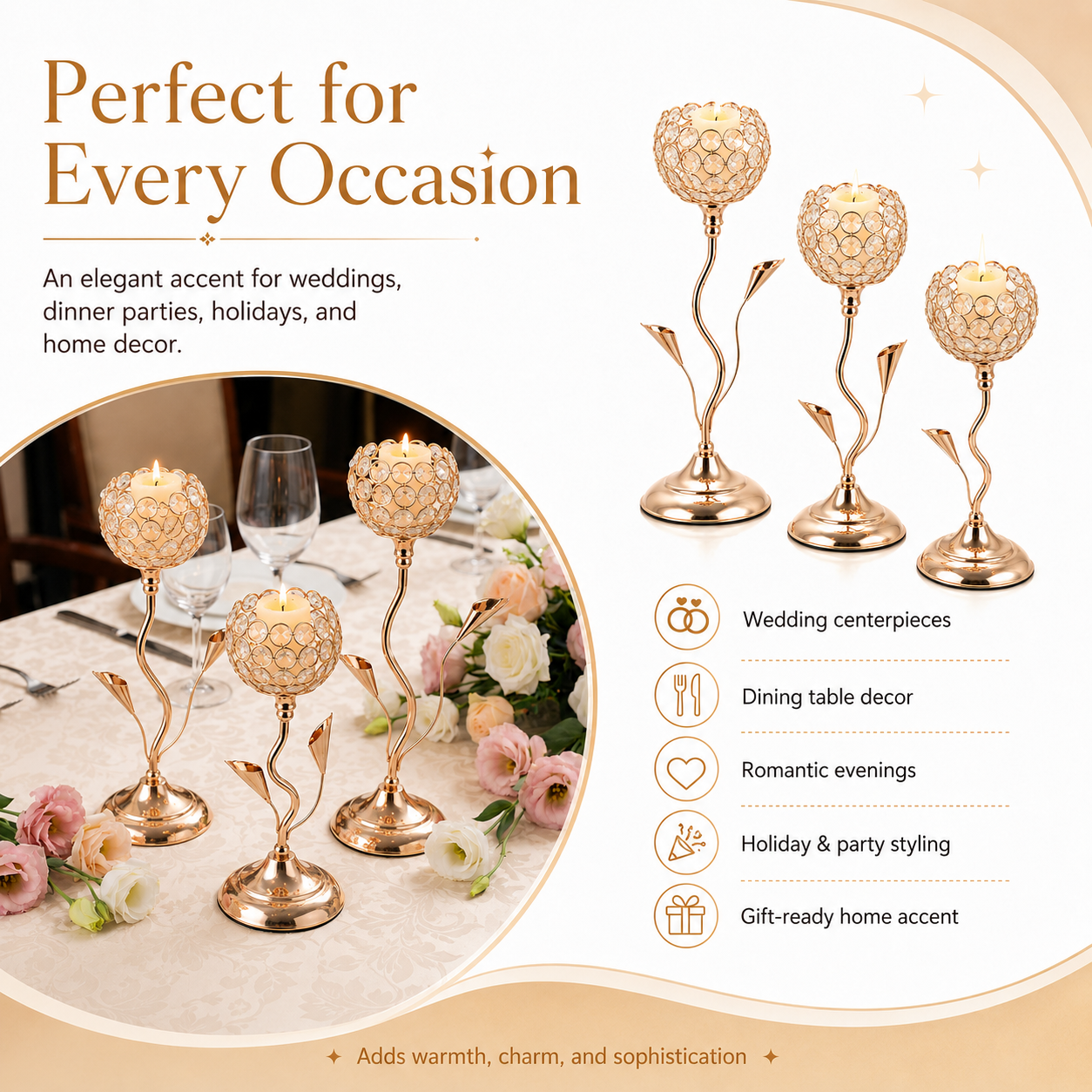 Gold Crystal Candle Holders, Rose Gold Metal Candle Stands for Tea Lights, Elegant Wedding Table Centerpieces for Dining Room, Party, Home Decor
