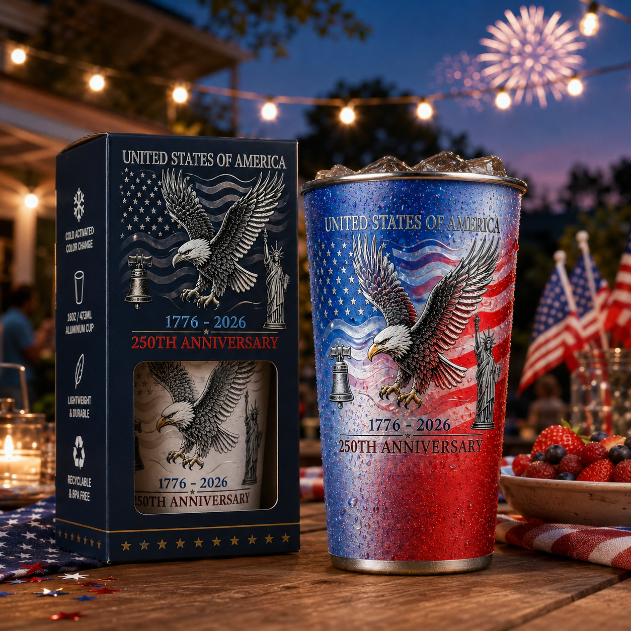 USA 250th Anniversary Color Changing Aluminum Cup, Liberty Bell & Statue of Liberty Design, Cold Activated Commemorative Drinkware for July 4th, BBQ, Picnic & Party