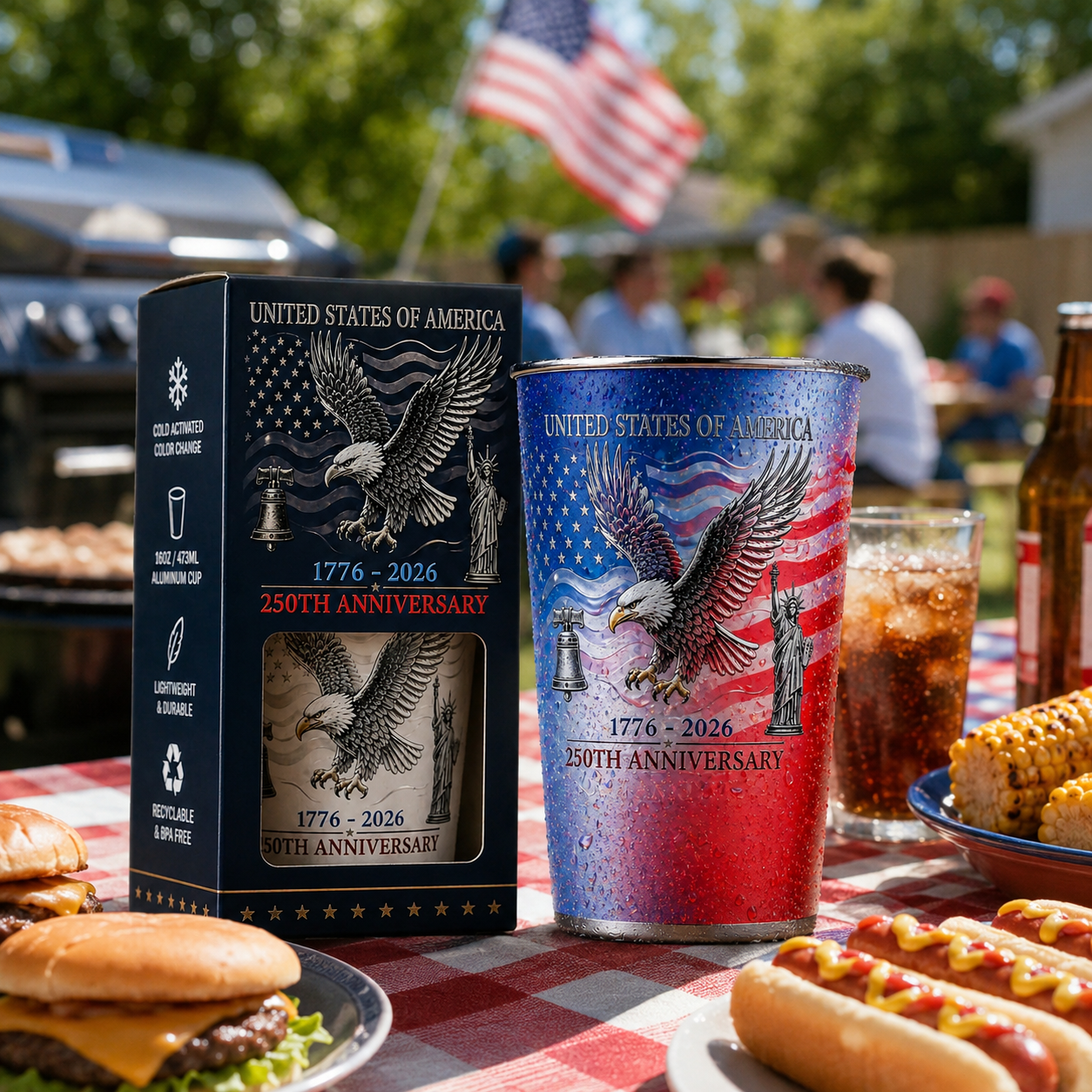 USA 250th Anniversary Color Changing Aluminum Cup, Liberty Bell & Statue of Liberty Design, Cold Activated Commemorative Drinkware for July 4th, BBQ, Picnic & Party