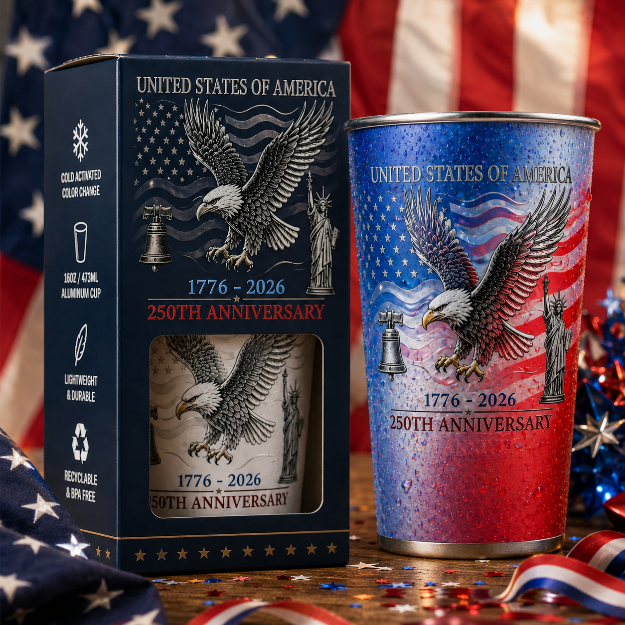 USA 250th Anniversary Color Changing Aluminum Cup, Liberty Bell & Statue of Liberty Design, Cold Activated Commemorative Drinkware for July 4th, BBQ, Picnic & Party