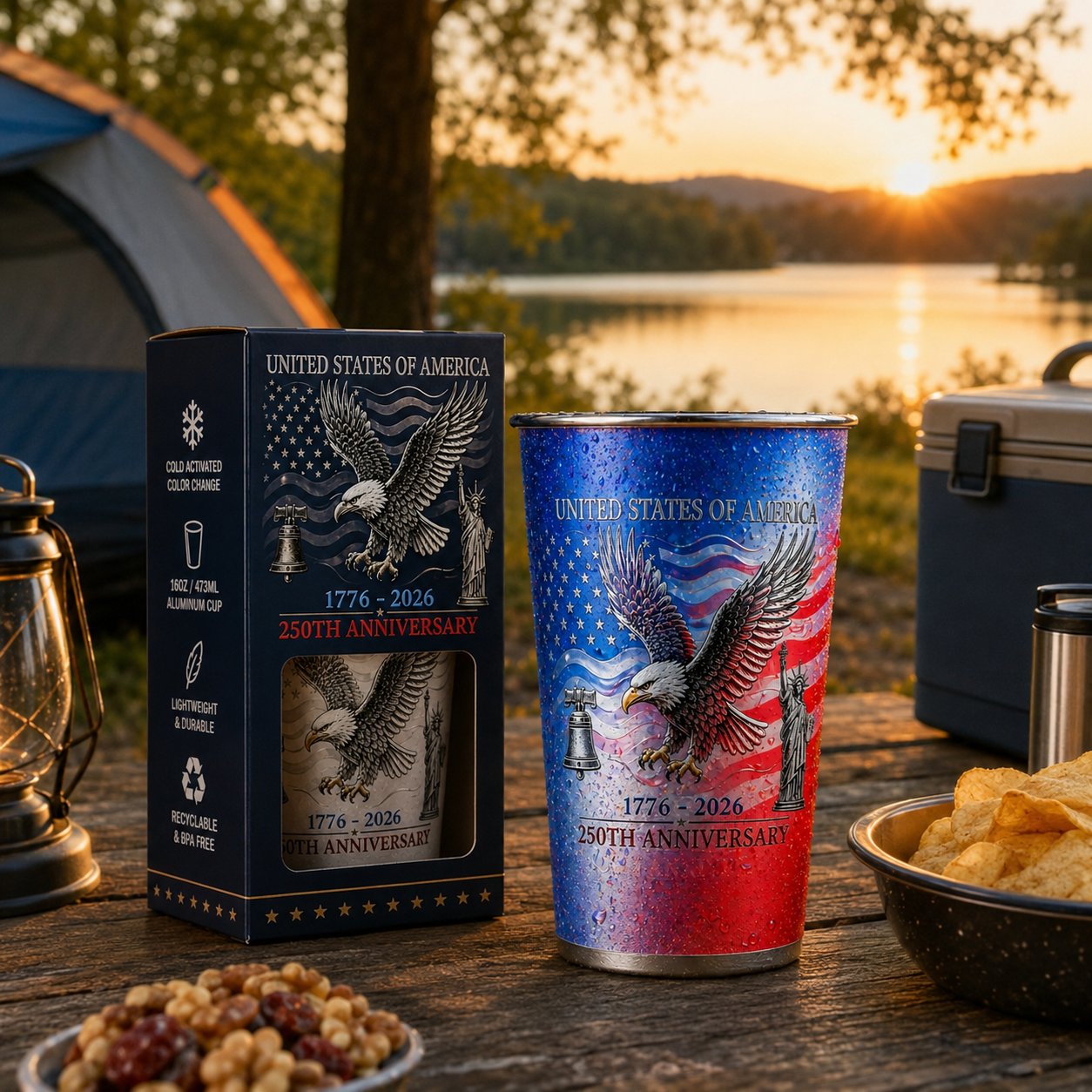 USA 250th Anniversary Color Changing Aluminum Cup, Liberty Bell & Statue of Liberty Design, Cold Activated Commemorative Drinkware for July 4th, BBQ, Picnic & Party