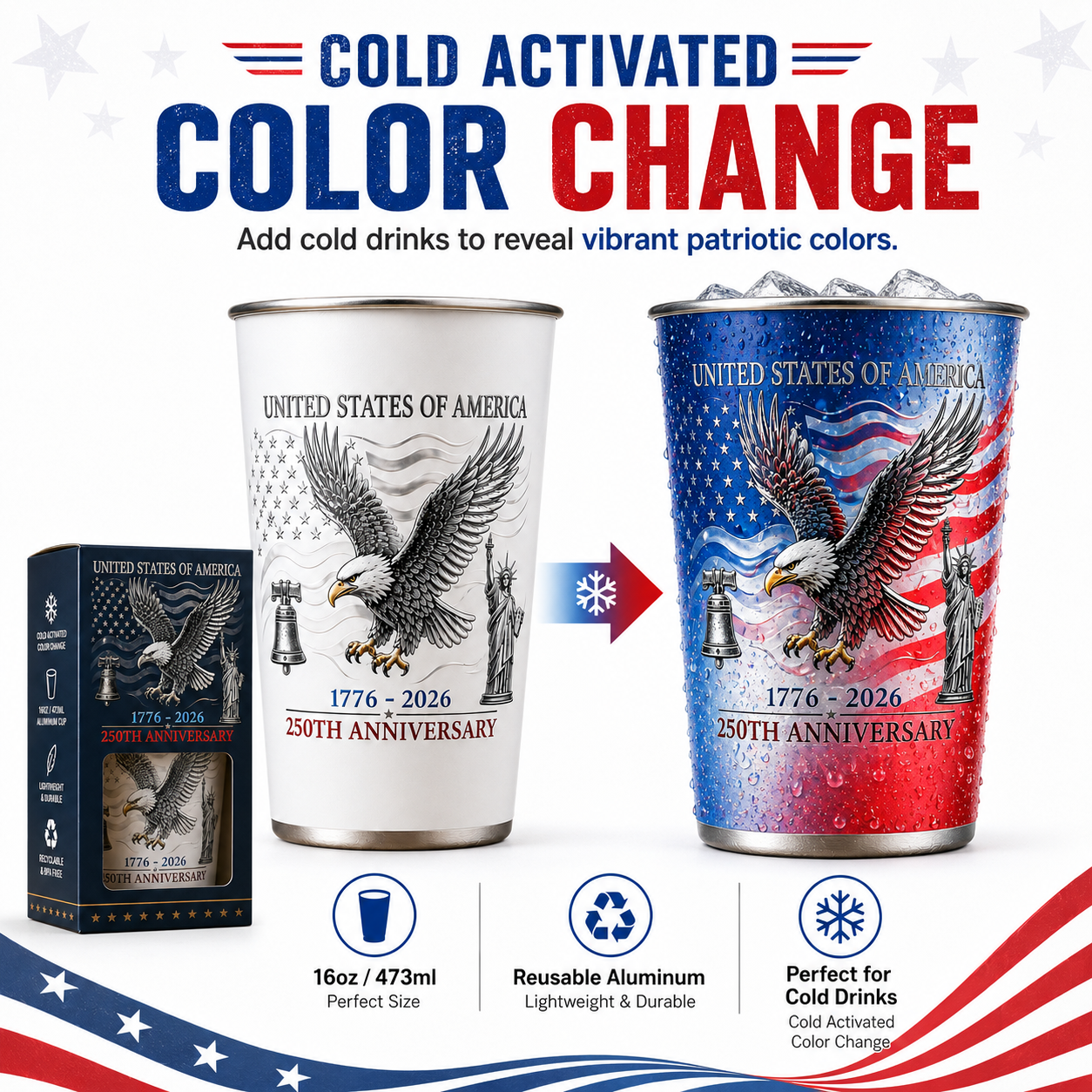 USA 250th Anniversary Color Changing Aluminum Cup, Liberty Bell & Statue of Liberty Design, Cold Activated Commemorative Drinkware for July 4th, BBQ, Picnic & Party