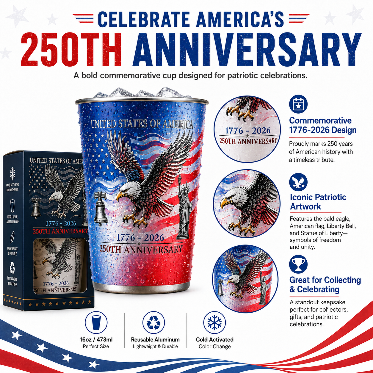 USA 250th Anniversary Color Changing Aluminum Cup, Liberty Bell & Statue of Liberty Design, Cold Activated Commemorative Drinkware for July 4th, BBQ, Picnic & Party