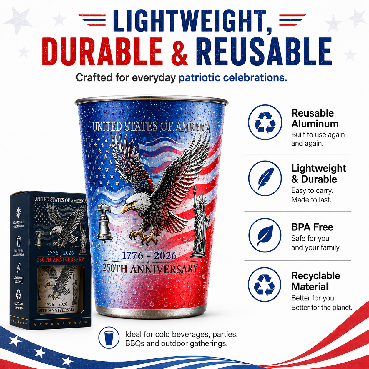USA 250th Anniversary Color Changing Aluminum Cup, Liberty Bell & Statue of Liberty Design, Cold Activated Commemorative Drinkware for July 4th, BBQ, Picnic & Party