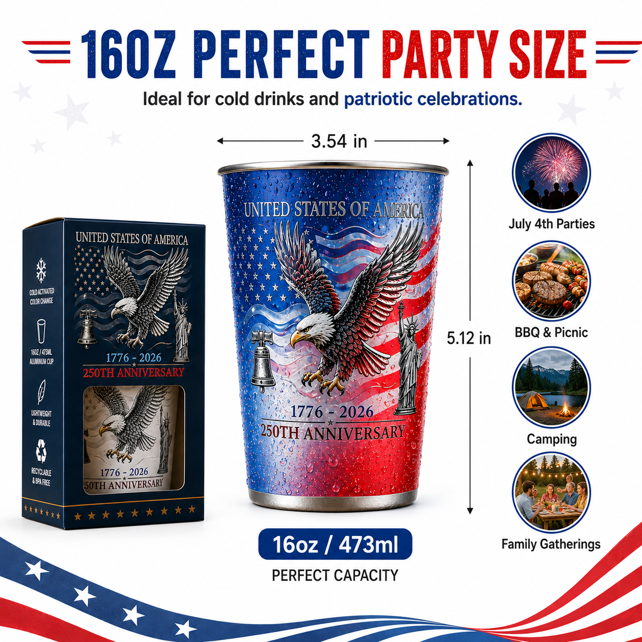 USA 250th Anniversary Color Changing Aluminum Cup, Liberty Bell & Statue of Liberty Design, Cold Activated Commemorative Drinkware for July 4th, BBQ, Picnic & Party