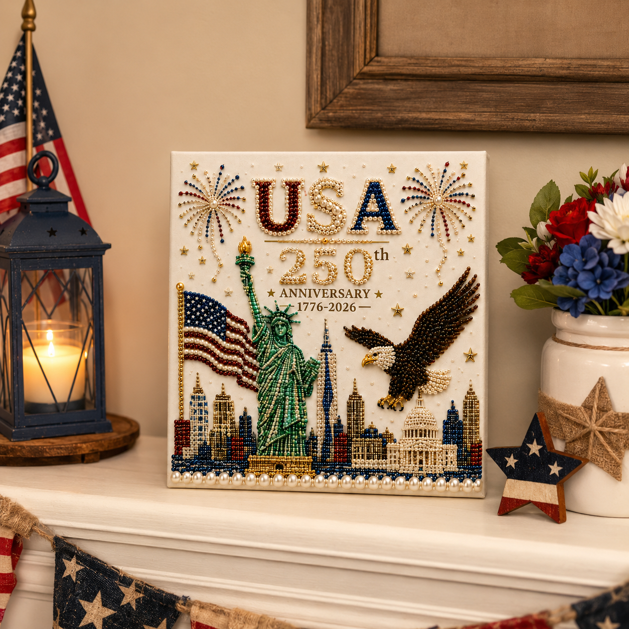 USA 250th Anniversary Diamond Painting Kit, Patriotic DIY Beaded Art Canvas with Statue of Liberty, Bald Eagle & American Flag, 1776–2026 America Anniversary Craft Decor for Independence Day, Memorial Day, Veterans Day