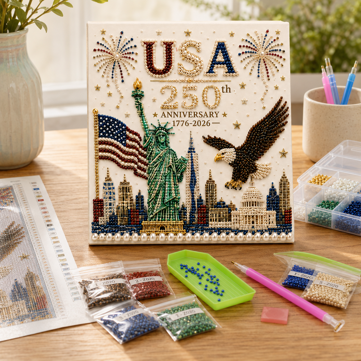 USA 250th Anniversary Diamond Painting Kit, Patriotic DIY Beaded Art Canvas with Statue of Liberty, Bald Eagle & American Flag, 1776–2026 America Anniversary Craft Decor for Independence Day, Memorial Day, Veterans Day
