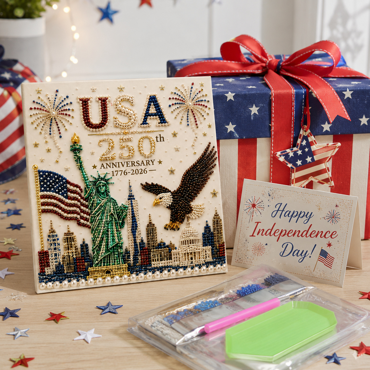USA 250th Anniversary Diamond Painting Kit, Patriotic DIY Beaded Art Canvas with Statue of Liberty, Bald Eagle & American Flag, 1776–2026 America Anniversary Craft Decor for Independence Day, Memorial Day, Veterans Day