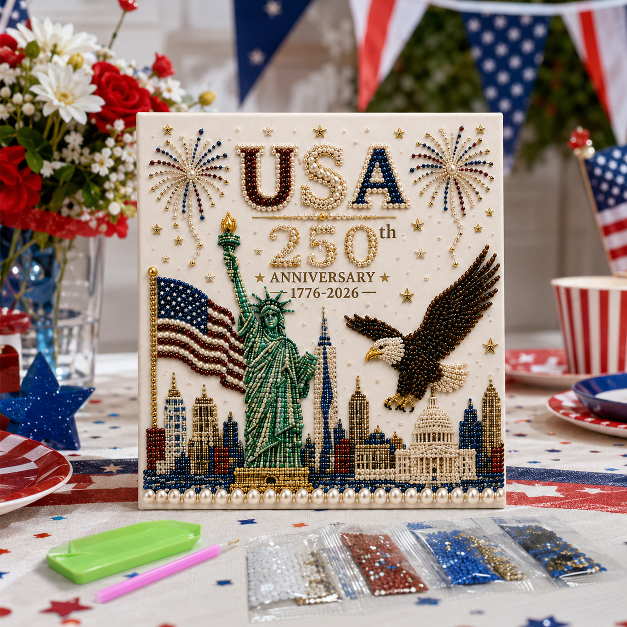 USA 250th Anniversary Diamond Painting Kit, Patriotic DIY Beaded Art Canvas with Statue of Liberty, Bald Eagle & American Flag, 1776–2026 America Anniversary Craft Decor for Independence Day, Memorial Day, Veterans Day