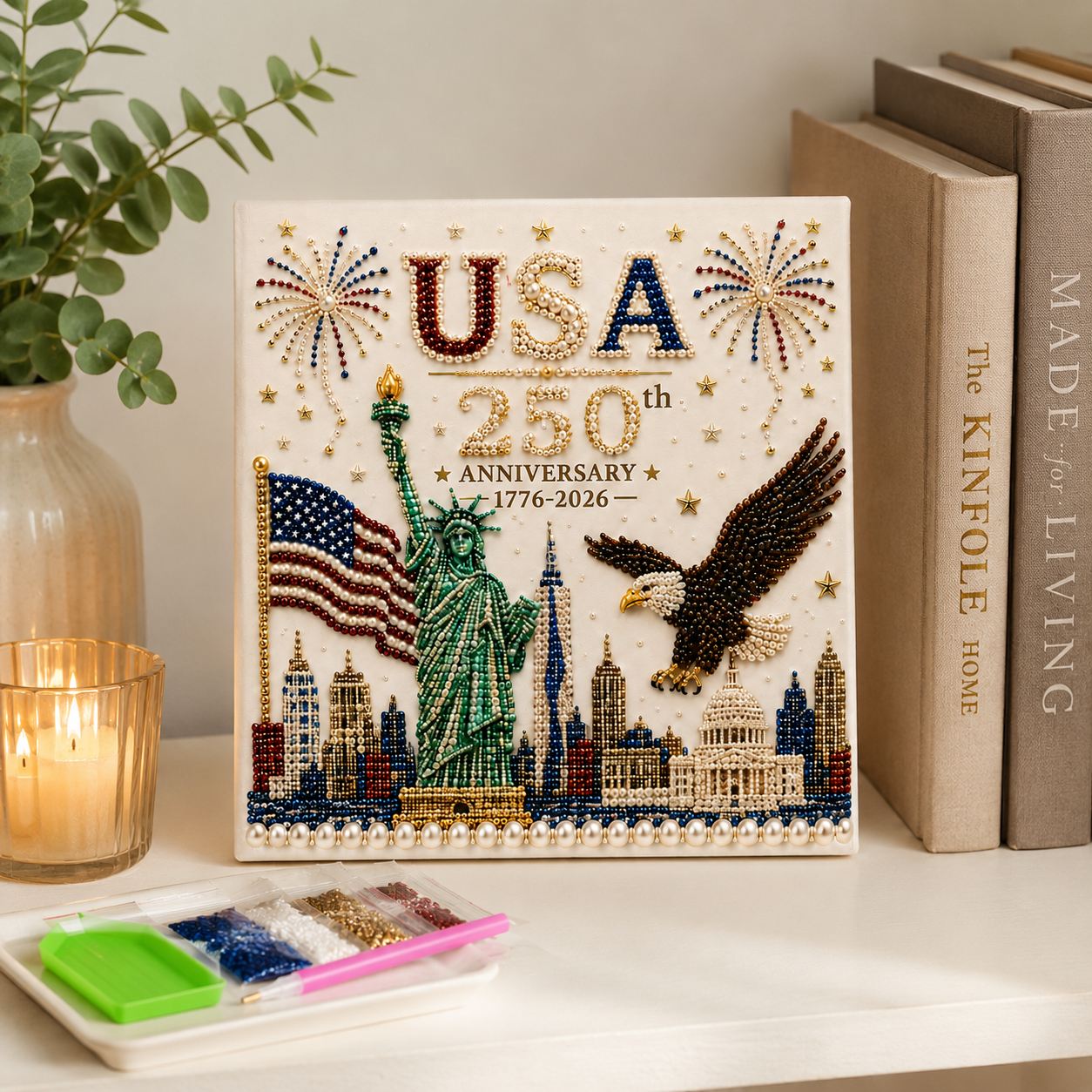 USA 250th Anniversary Diamond Painting Kit, Patriotic DIY Beaded Art Canvas with Statue of Liberty, Bald Eagle & American Flag, 1776–2026 America Anniversary Craft Decor for Independence Day, Memorial Day, Veterans Day