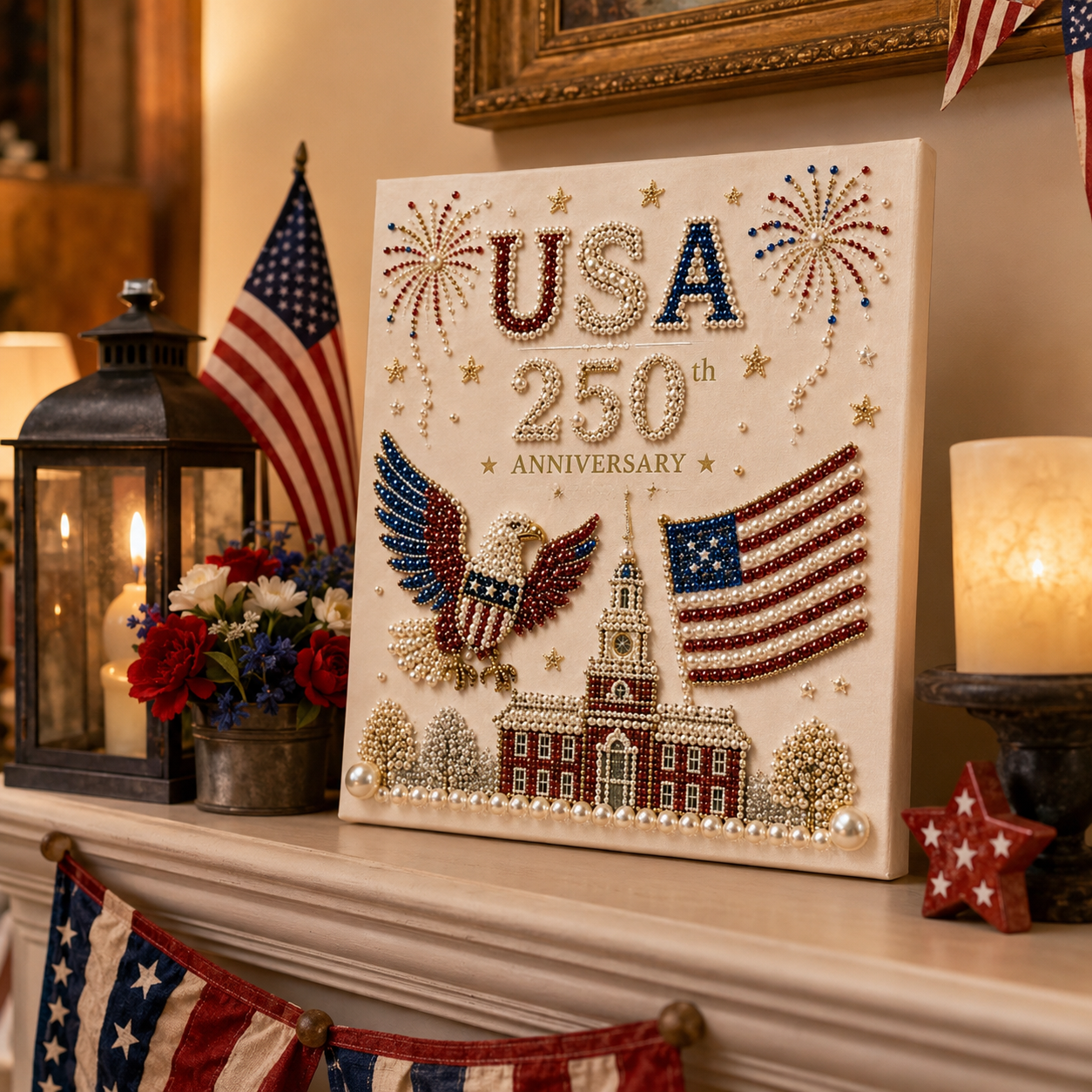 USA 250th Anniversary Diamond Painting Kit, Patriotic DIY Beaded Art Canvas with Statue of Liberty, Bald Eagle & American Flag, 1776–2026 America Anniversary Craft Decor for Independence Day, Memorial Day, Veterans Day