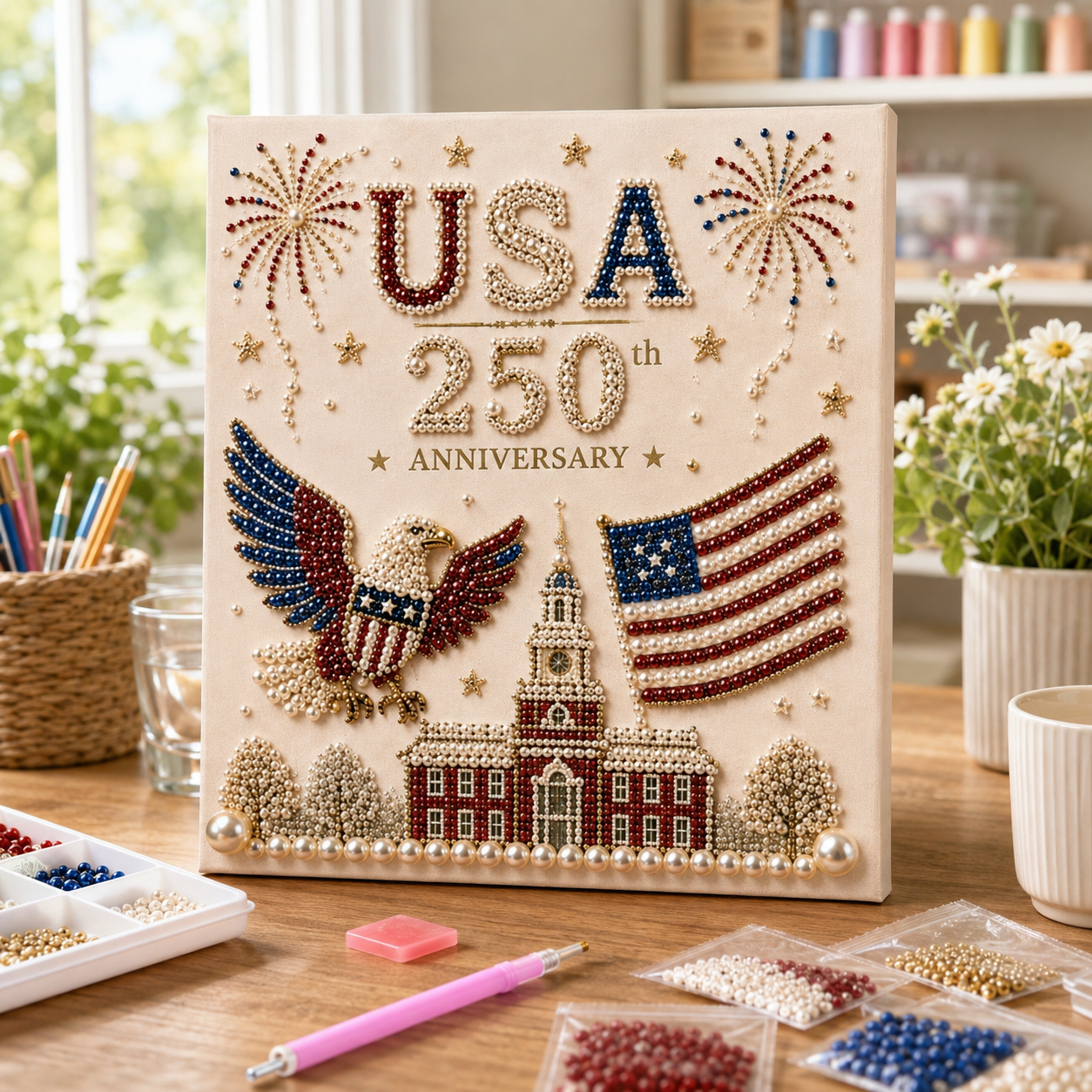 USA 250th Anniversary Diamond Painting Kit, Patriotic DIY Beaded Art Canvas with Statue of Liberty, Bald Eagle & American Flag, 1776–2026 America Anniversary Craft Decor for Independence Day, Memorial Day, Veterans Day
