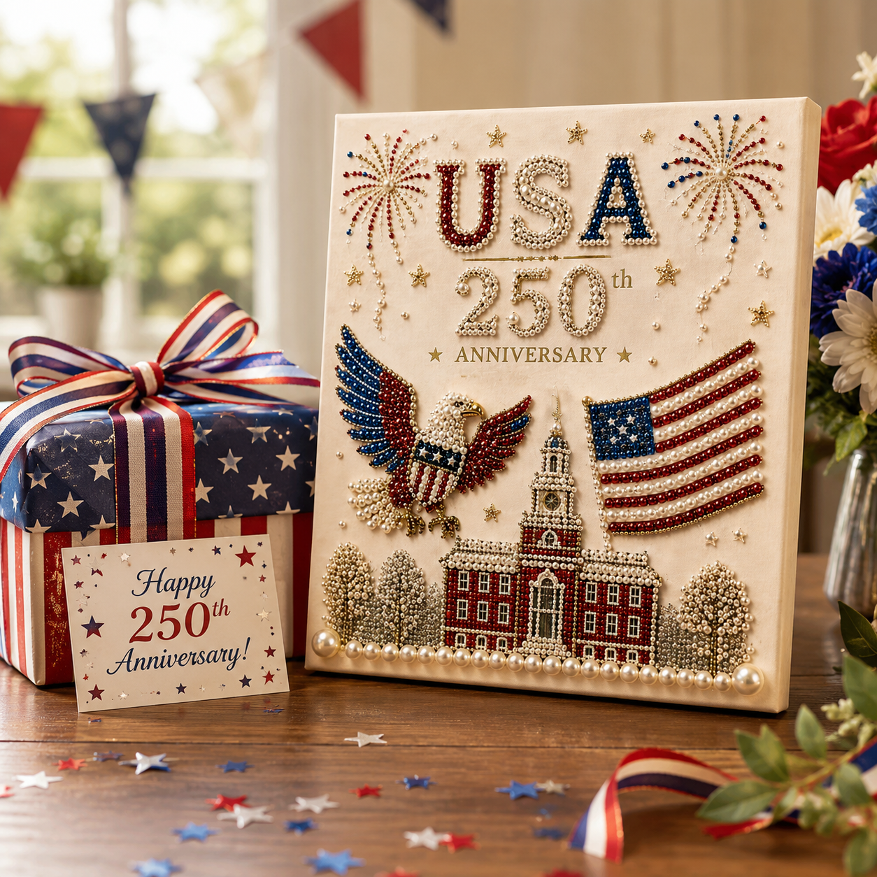 USA 250th Anniversary Diamond Painting Kit, Patriotic DIY Beaded Art Canvas with Statue of Liberty, Bald Eagle & American Flag, 1776–2026 America Anniversary Craft Decor for Independence Day, Memorial Day, Veterans Day