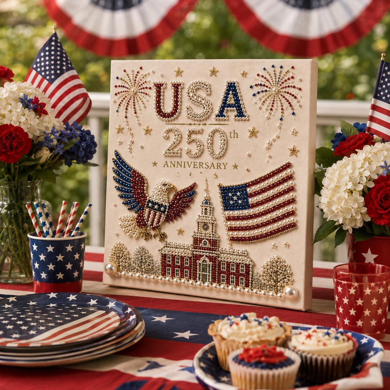 USA 250th Anniversary Diamond Painting Kit, Patriotic DIY Beaded Art Canvas with Statue of Liberty, Bald Eagle & American Flag, 1776–2026 America Anniversary Craft Decor for Independence Day, Memorial Day, Veterans Day