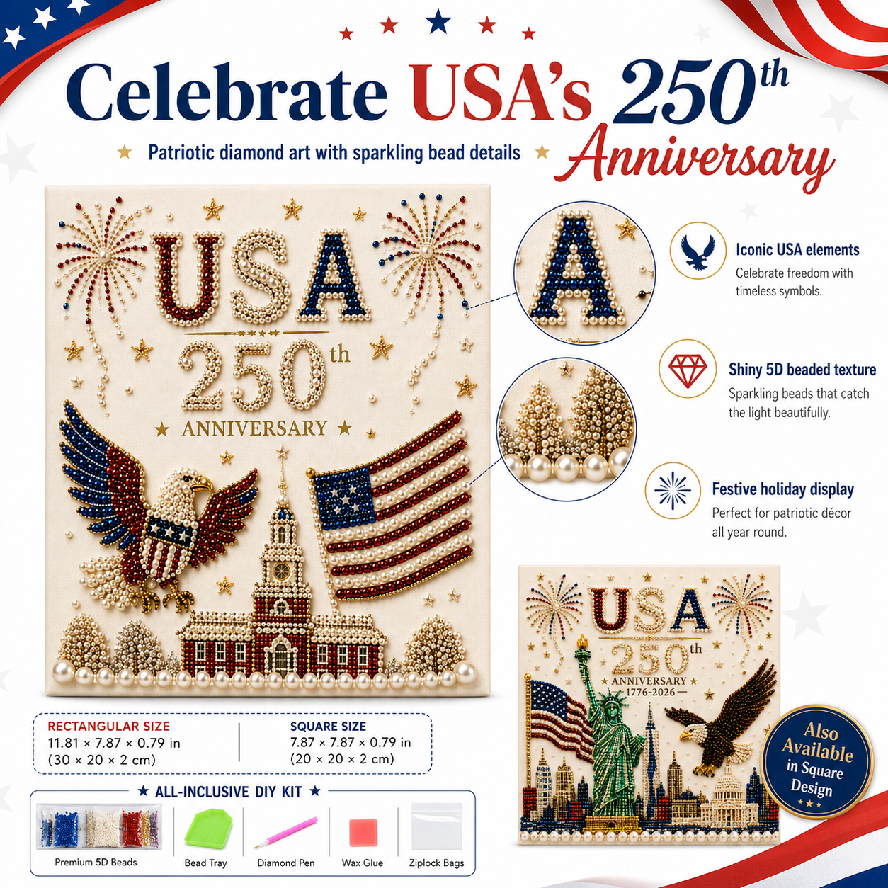 USA 250th Anniversary Diamond Painting Kit, Patriotic DIY Beaded Art Canvas with Statue of Liberty, Bald Eagle & American Flag, 1776–2026 America Anniversary Craft Decor for Independence Day, Memorial Day, Veterans Day