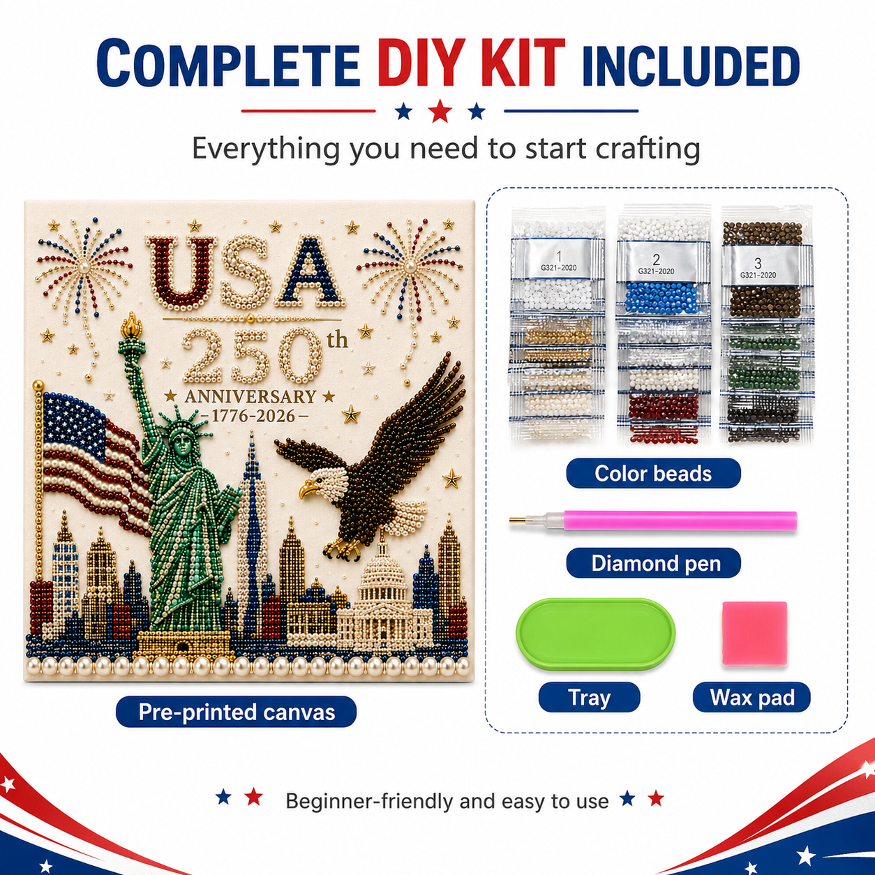 USA 250th Anniversary Diamond Painting Kit, Patriotic DIY Beaded Art Canvas with Statue of Liberty, Bald Eagle & American Flag, 1776–2026 America Anniversary Craft Decor for Independence Day, Memorial Day, Veterans Day
