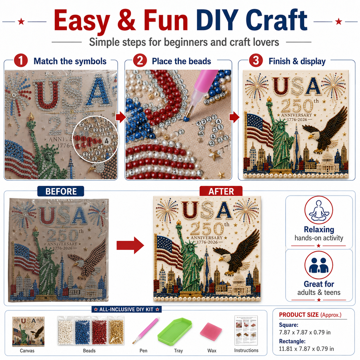 USA 250th Anniversary Diamond Painting Kit, Patriotic DIY Beaded Art Canvas with Statue of Liberty, Bald Eagle & American Flag, 1776–2026 America Anniversary Craft Decor for Independence Day, Memorial Day, Veterans Day
