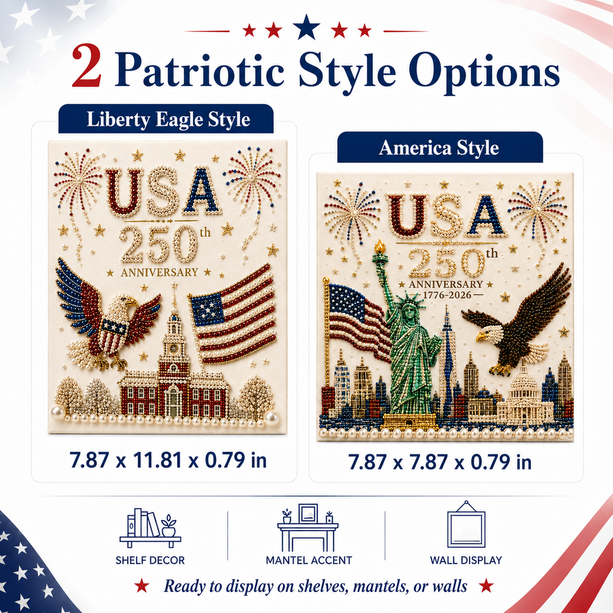 USA 250th Anniversary Diamond Painting Kit, Patriotic DIY Beaded Art Canvas with Statue of Liberty, Bald Eagle & American Flag, 1776–2026 America Anniversary Craft Decor for Independence Day, Memorial Day, Veterans Day
