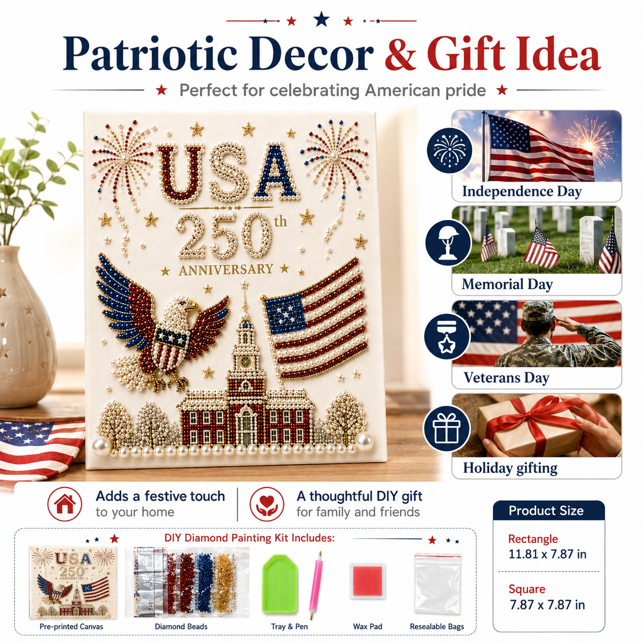 USA 250th Anniversary Diamond Painting Kit, Patriotic DIY Beaded Art Canvas with Statue of Liberty, Bald Eagle & American Flag, 1776–2026 America Anniversary Craft Decor for Independence Day, Memorial Day, Veterans Day